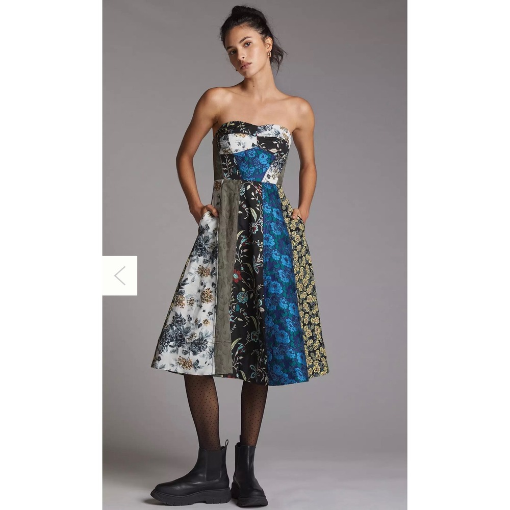 Anthropologie Patchwork Floral Jacquard Strapless Dress Sweetheart Midi Sz 0
